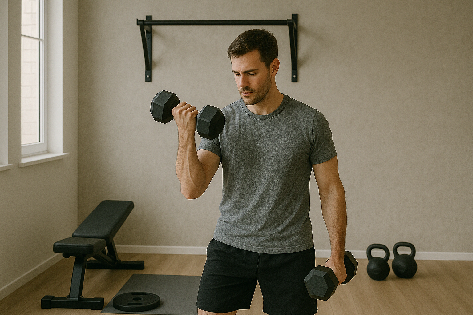 Personne s'entraînant avec des haltères dans un home gym simple, exercices de base, équipement accessible, ambiance motivante mais réaliste