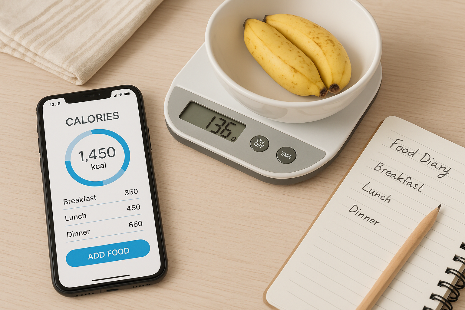 Application mobile de calcul de calories sur smartphone, aliments pesés sur balance de cuisine, carnet alimentaire